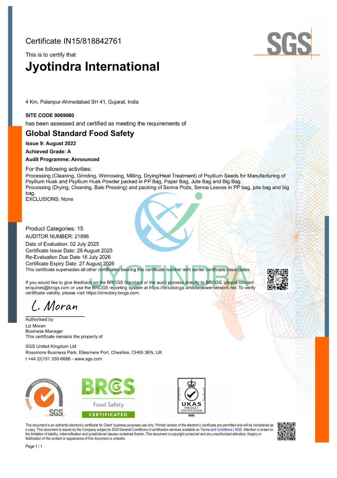 BRCGS Global Standard Food Safety certificate