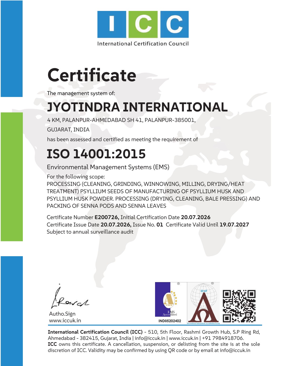ISO 14001 2015 Environmental Management System certificate