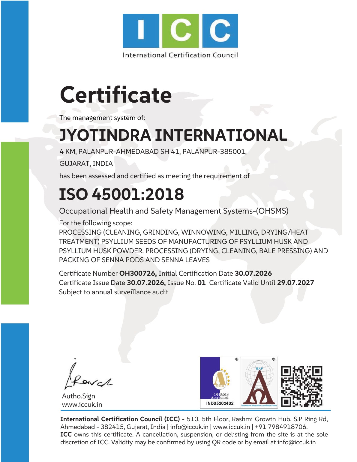 ISO 45001 2018 Occupational Health and Safety Management System certificate